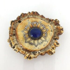 Vintage Handmade Western Antler Belt Buckle Blue Lapis Louise Signed Shanti